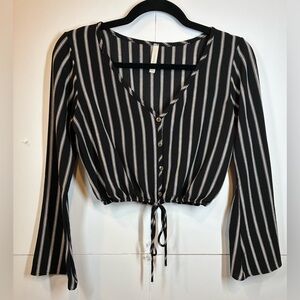 Chocolate Black and White Striped Tie-Front Cropped Blouse Size Small